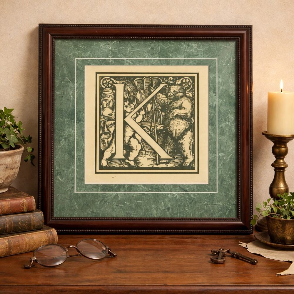 Vintage Hans Weiditz Renaissance Cherub "K" Alphabet Print Framed 11x11 Fenix - Picture 2 of 11